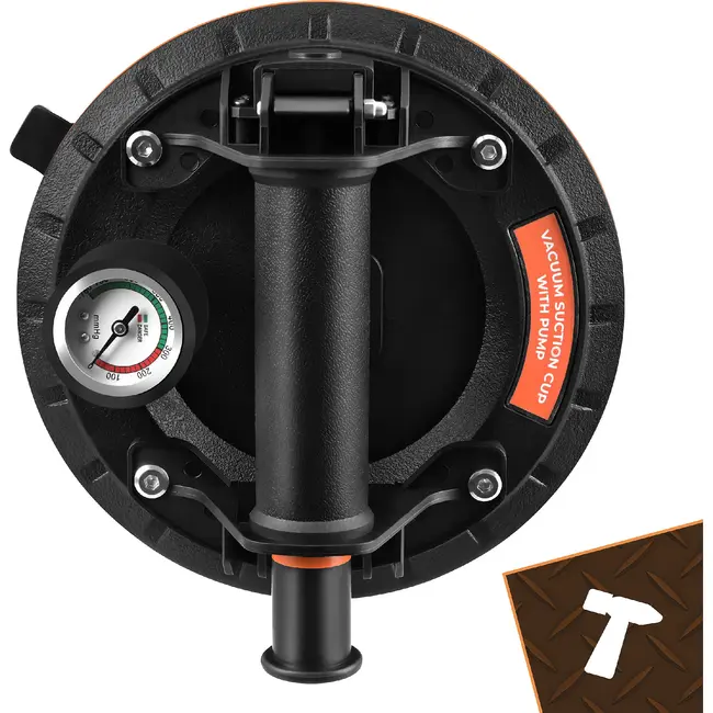 Bigstren Vacuüm zuignapset zwart 200 mm, set van 2 met pomp, drukmeter, koffer en grip voor gladde oppervlakken tot 200 kg per stuk