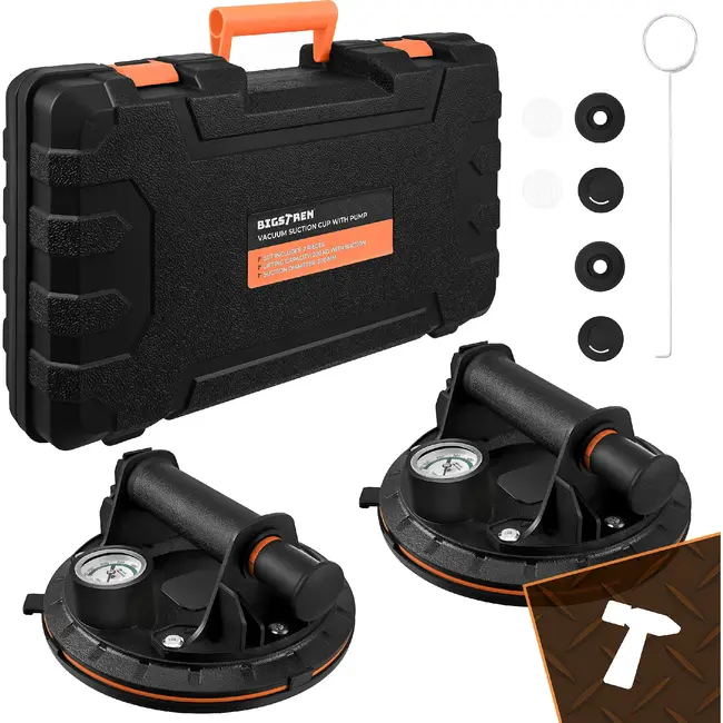 Bigstren Vacuüm zuignapset zwart 200 mm, set van 2 met pomp, drukmeter, koffer en grip voor gladde oppervlakken tot 200 kg per stuk