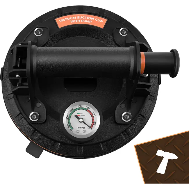 Bigstren Vacuüm zuignapset zwart 200 mm, set van 2 met pomp, drukmeter, koffer en grip voor gladde oppervlakken tot 200 kg per stuk