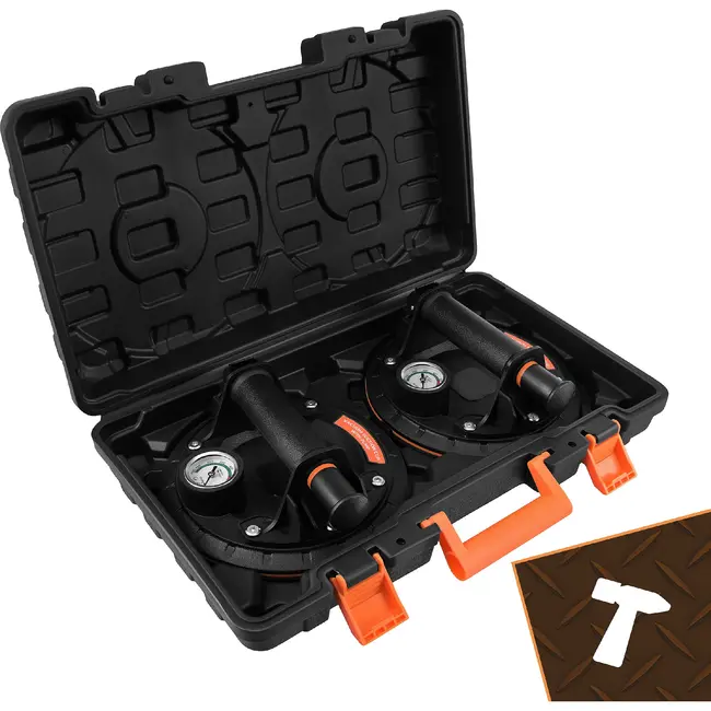 Bigstren Vacuüm zuignapset zwart 200 mm, set van 2 met pomp, drukmeter, koffer en grip voor gladde oppervlakken tot 200 kg per stuk