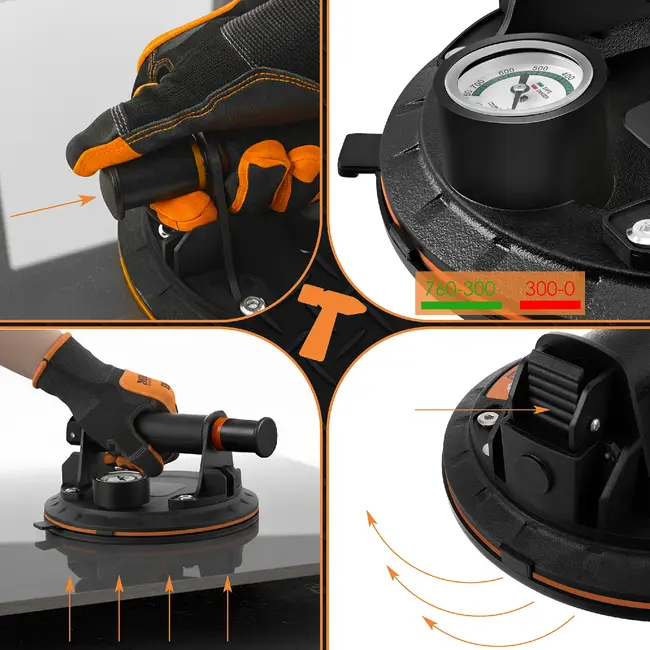 Bigstren Vacuüm zuignapset zwart 200 mm, set van 2 met pomp, drukmeter, koffer en grip voor gladde oppervlakken tot 200 kg per stuk