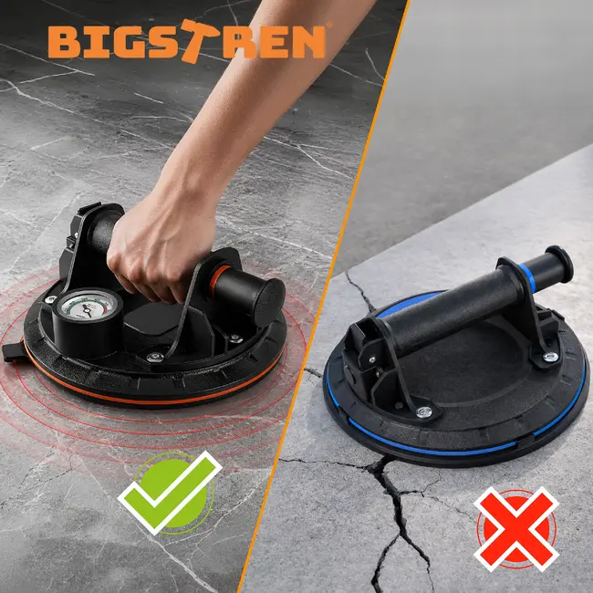 Bigstren Vacuüm zuignapset zwart 200 mm, set van 2 met pomp, drukmeter, koffer en grip voor gladde oppervlakken tot 200 kg per stuk