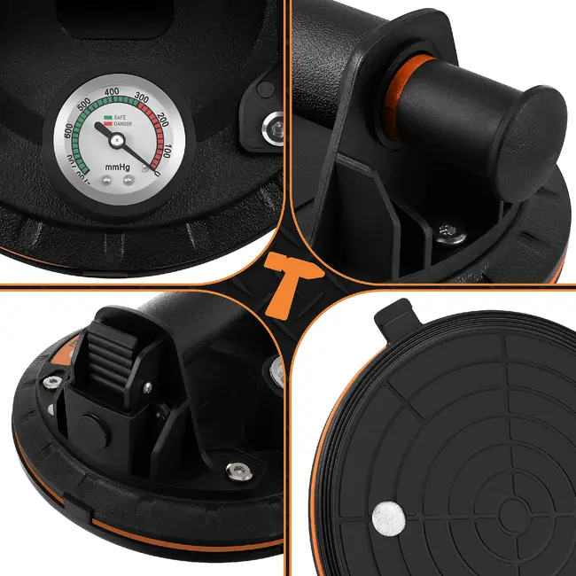 Bigstren Vacuüm zuignapset zwart 200 mm, set van 2 met pomp, drukmeter, koffer en grip voor gladde oppervlakken tot 200 kg per stuk