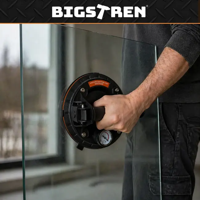 Bigstren Vacuüm zuignapset zwart 200 mm, set van 2 met pomp, drukmeter, koffer en grip voor gladde oppervlakken tot 200 kg per stuk