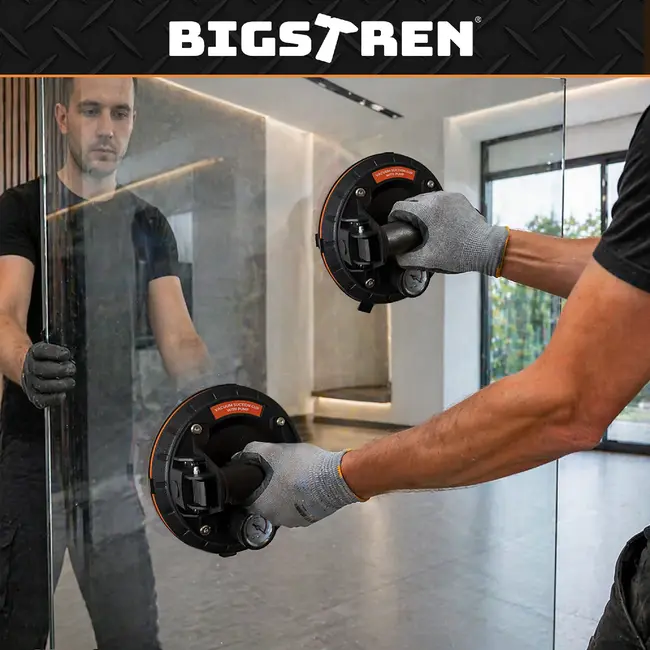 Bigstren Vacuüm zuignapset zwart 200 mm, set van 2 met pomp, drukmeter, koffer en grip voor gladde oppervlakken tot 200 kg per stuk