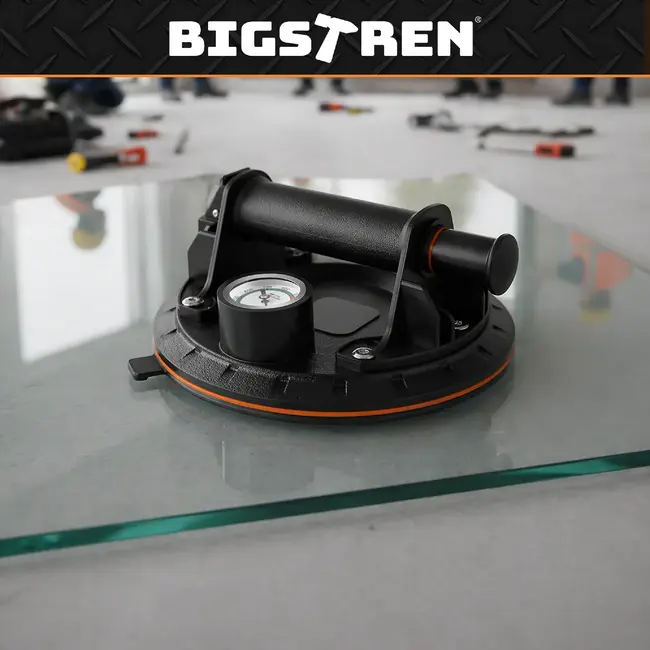 Bigstren Vacuüm zuignapset zwart 200 mm, set van 2 met pomp, drukmeter, koffer en grip voor gladde oppervlakken tot 200 kg per stuk