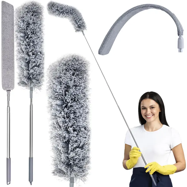 Ruhhy Telescopische stofborstel 84 tot 250 cm met 2 verwisselbare borstels, microfiber koppen en roestvrijstalen steel voor thuis