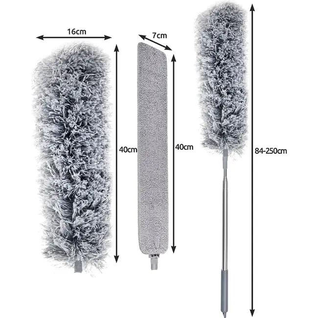 Ruhhy Telescopische stofborstel 84 tot 250 cm met 2 verwisselbare borstels, microfiber koppen en roestvrijstalen steel voor thuis
