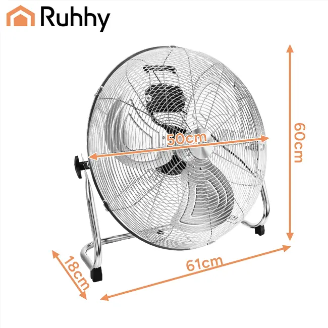 Ruhhy Vloerventilator 50 cm 130 W met aluminium bladen 3 snelheden kogellagers en stevige basis voor droge ruimtes