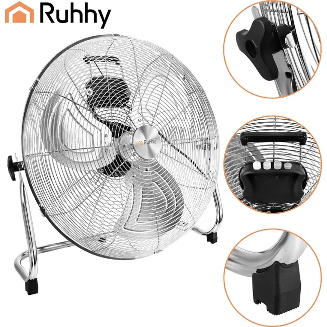 Ruhhy Vloerventilator 50 cm 130 W met aluminium bladen 3 snelheden kogellagers en stevige basis voor droge ruimtes