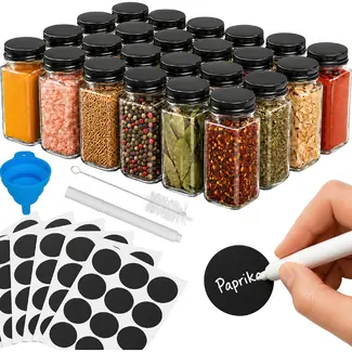 Ruhhy Kruidenpotjes set 24 stuks van glas 120 ml met 2-in-1 doseerdoppen, 72 labels, trechter, marker en reinigingsborstels
