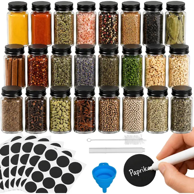 Ruhhy Kruidenpotjes set 24 stuks van glas 120 ml met 2-in-1 doseerdoppen, 72 labels, trechter, marker en reinigingsborstels