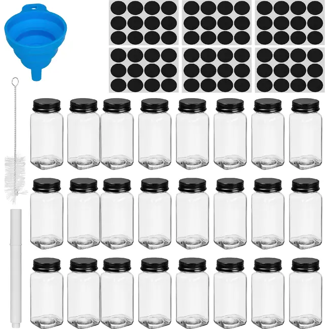 Ruhhy Kruidenpotjes set 24 stuks van glas 120 ml met 2-in-1 doseerdoppen, 72 labels, trechter, marker en reinigingsborstels