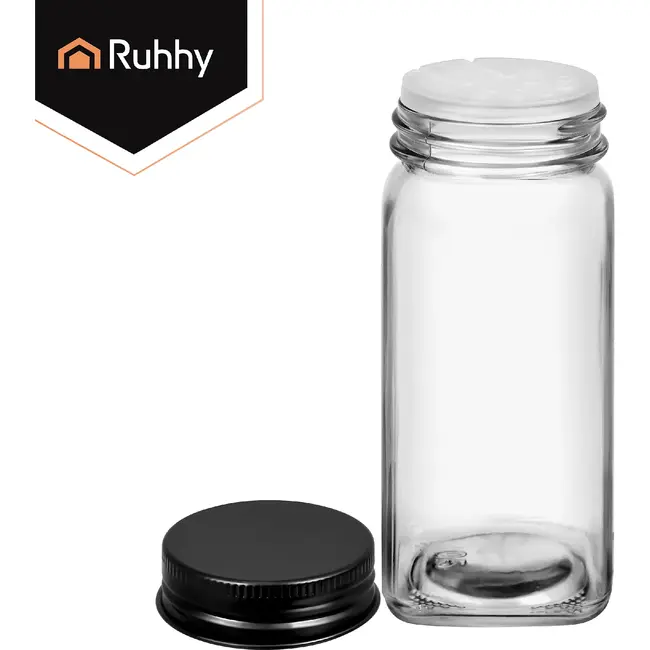 Ruhhy Kruidenpotjes set 24 stuks van glas 120 ml met 2-in-1 doseerdoppen, 72 labels, trechter, marker en reinigingsborstels