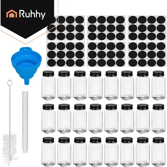 Ruhhy Kruidenpotjes set 24 stuks van glas 120 ml met 2-in-1 doseerdoppen, 72 labels, trechter, marker en reinigingsborstels
