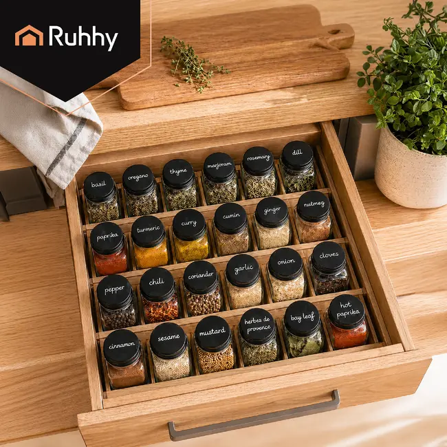Ruhhy Kruidenpotjes set 24 stuks van glas 120 ml met 2-in-1 doseerdoppen, 72 labels, trechter, marker en reinigingsborstels