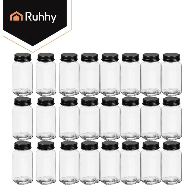 Ruhhy Kruidenpotjes set 24 stuks van glas 120 ml met 2-in-1 doseerdoppen, 72 labels, trechter, marker en reinigingsborstels