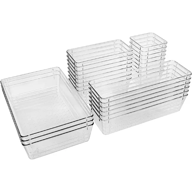 Ruhhy Lade-organizer 25-delig transparant met stapelbare bakjes in 4 formaten voor bureau keuken make-up lade en kantoorla