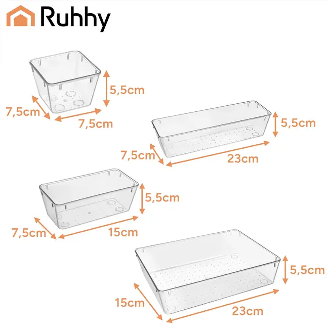 Ruhhy Lade-organizer 25-delig transparant met stapelbare bakjes in 4 formaten voor bureau keuken make-up lade en kantoorla