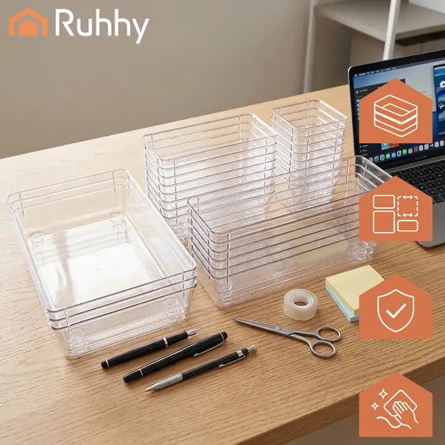Ruhhy Lade-organizer 25-delig transparant met stapelbare bakjes in 4 formaten voor bureau keuken make-up lade en kantoorla