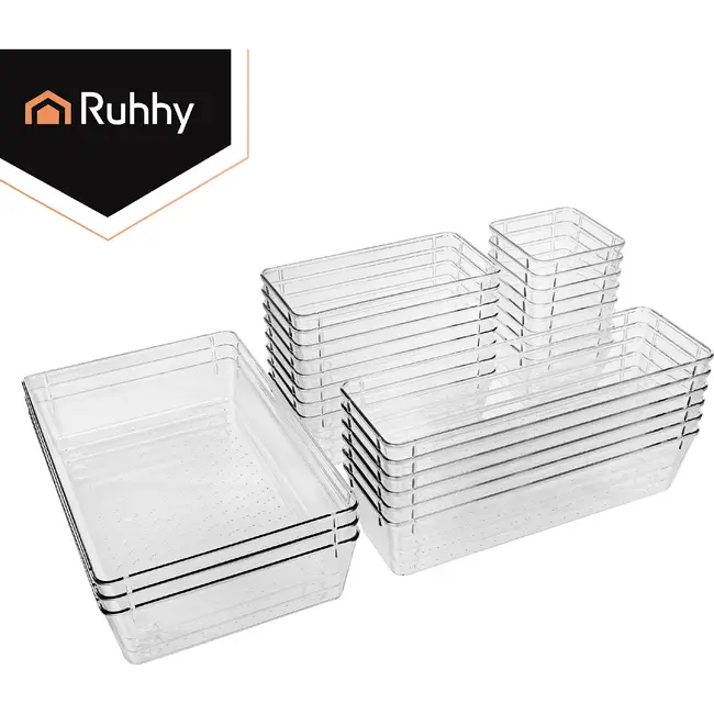 Ruhhy Lade-organizer 25-delig transparant met stapelbare bakjes in 4 formaten voor bureau keuken make-up lade en kantoorla