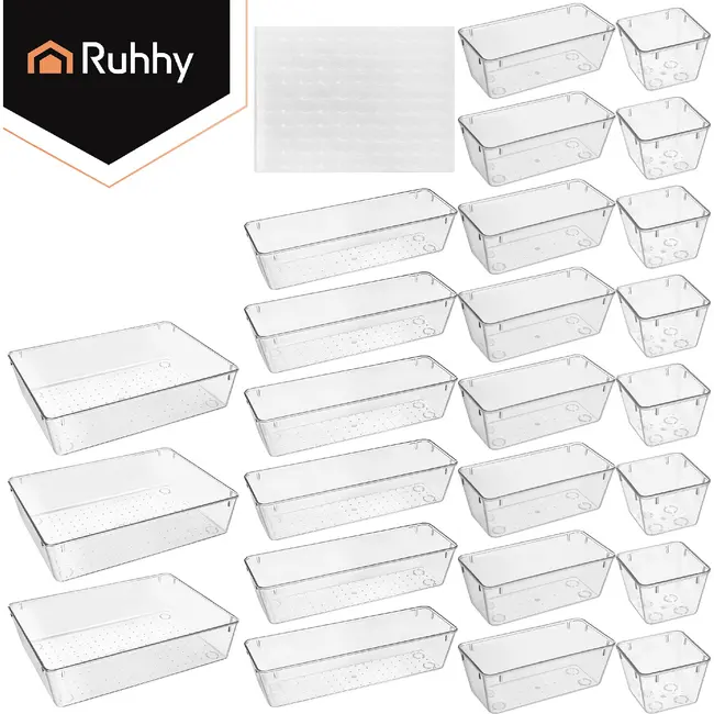 Ruhhy Lade-organizer 25-delig transparant met stapelbare bakjes in 4 formaten voor bureau keuken make-up lade en kantoorla