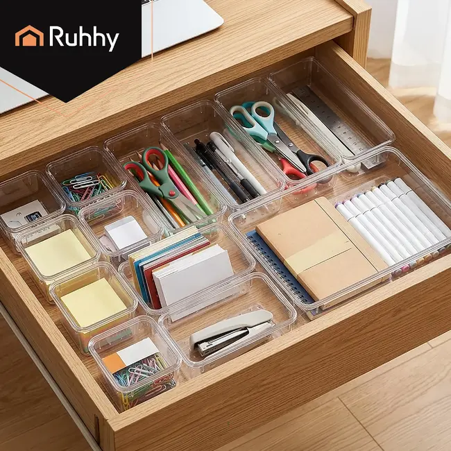 Ruhhy Lade-organizer 25-delig transparant met stapelbare bakjes in 4 formaten voor bureau keuken make-up lade en kantoorla
