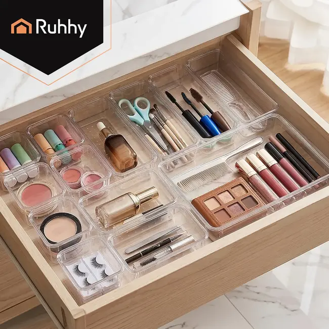 Ruhhy Lade-organizer 25-delig transparant met stapelbare bakjes in 4 formaten voor bureau keuken make-up lade en kantoorla