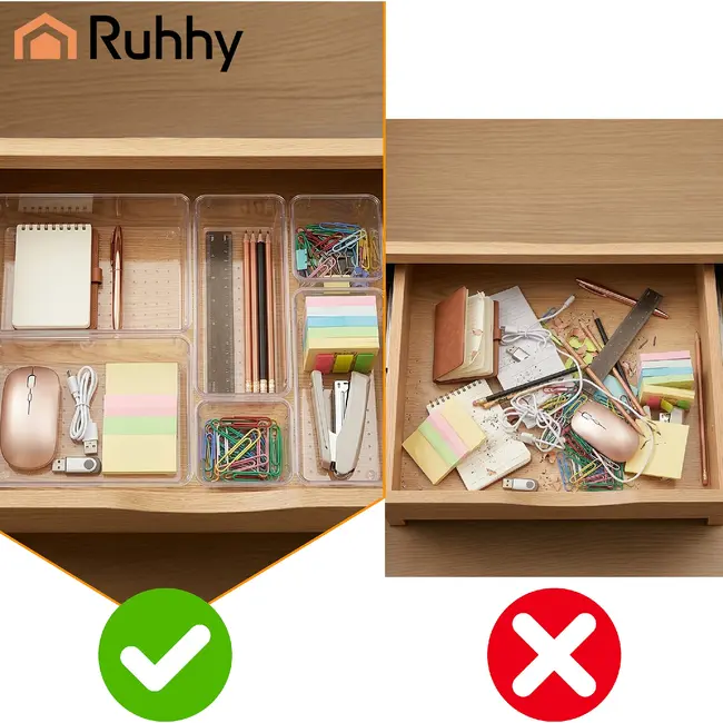 Ruhhy Lade-organizer 25-delig transparant met stapelbare bakjes in 4 formaten voor bureau keuken make-up lade en kantoorla