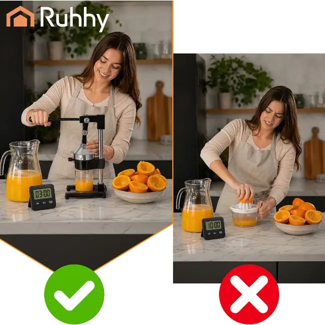 Ruhhy Handmatige citruspers 40 cm met stevige metalen constructie, lange hefboom, antislipvoet, losse zeef en kom voor sap