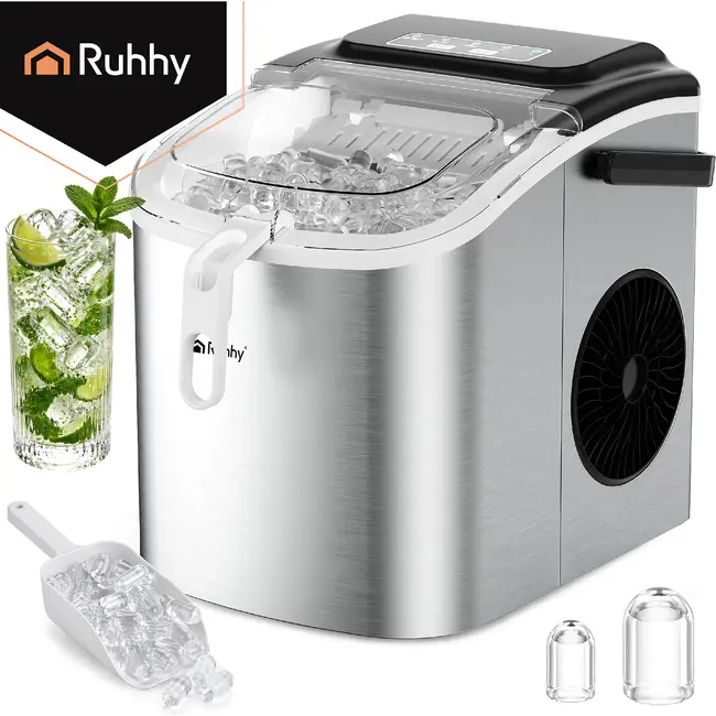 Ruhhy Ijsblokjesmachine 1,2 L zilver met ijsschep 12 kg per dag en 2 ijsblokjesmaten