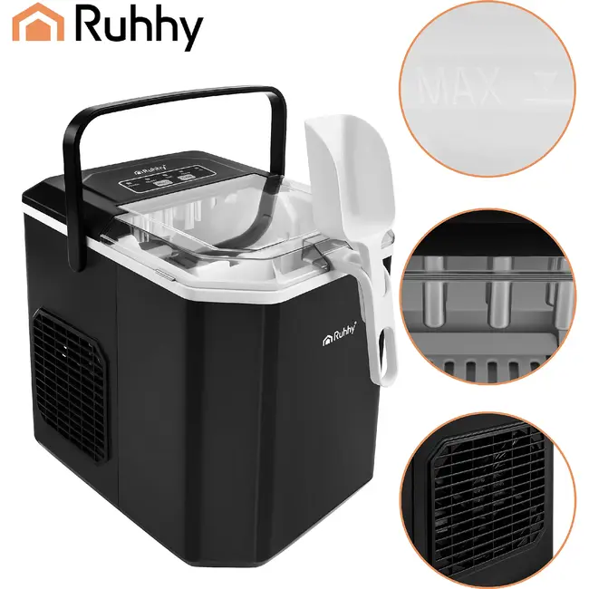 Ruhhy IJsblokjesmachine 1,2 l zwart met compressor, 2 ijsformaten en cyclus van 6 tot 13 min