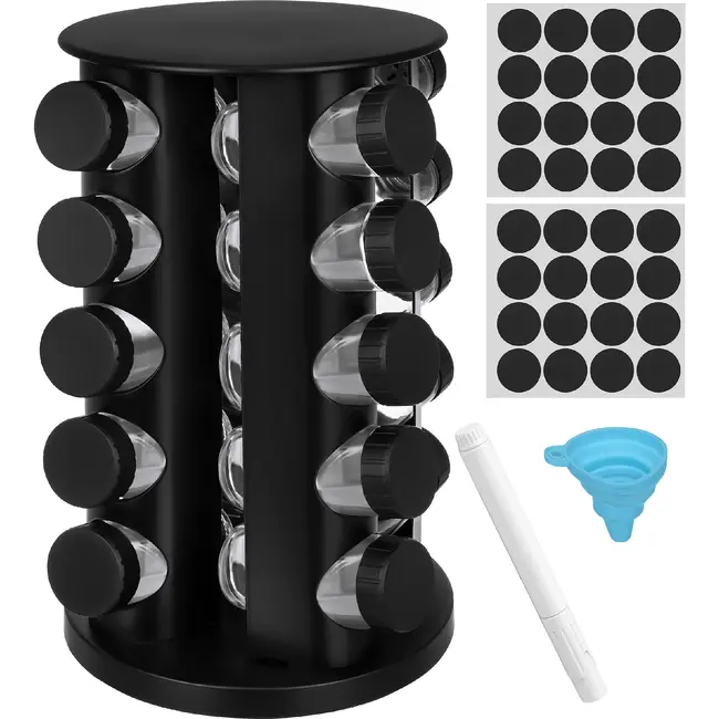 Ruhhy Kruidenpotjesset 20 stuks met 360° draaibare houder, glazen potjes van 90 ml, stickers, stift en siliconen trechter