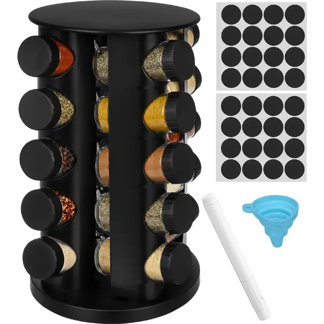 Ruhhy Kruidenpotjesset 20 stuks met 360° draaibare houder, glazen potjes van 90 ml, stickers, stift en siliconen trechter
