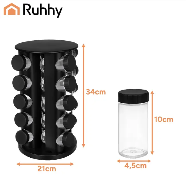Ruhhy Kruidenpotjesset 20 stuks met 360° draaibare houder, glazen potjes van 90 ml, stickers, stift en siliconen trechter