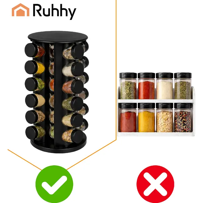 Ruhhy Kruidenpotjesset 20 stuks met 360° draaibare houder, glazen potjes van 90 ml, stickers, stift en siliconen trechter
