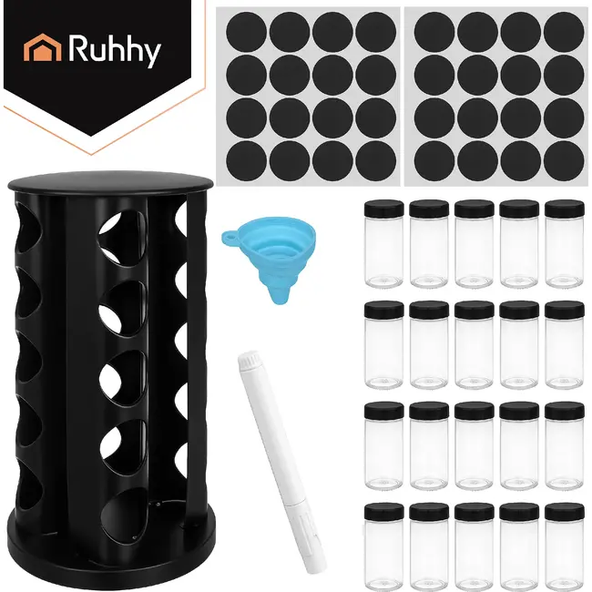 Ruhhy Kruidenpotjesset 20 stuks met 360° draaibare houder, glazen potjes van 90 ml, stickers, stift en siliconen trechter