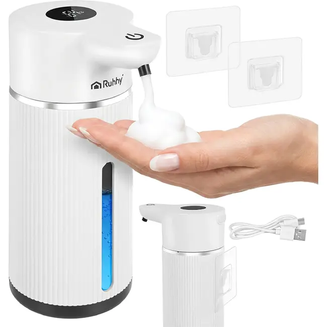 Ruhhy Automatische zeepdispenser 420 ml wit met 4 doseerniveaus, sensor en USB-C opladen