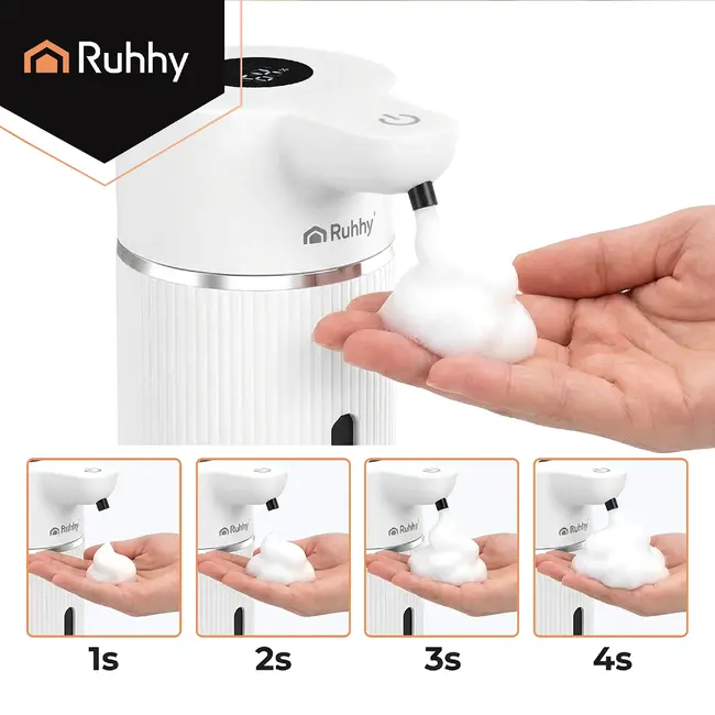 Ruhhy Automatische zeepdispenser 420 ml wit met 4 doseerniveaus, sensor en USB-C opladen