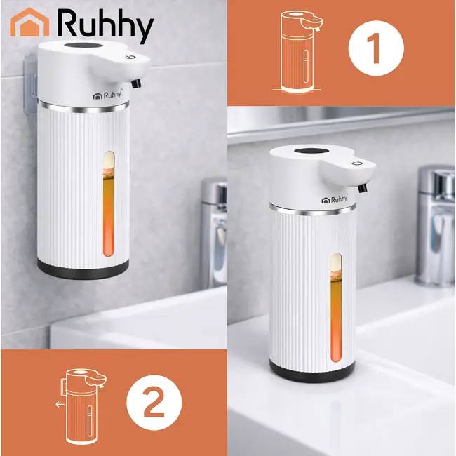 Ruhhy Automatische zeepdispenser 420 ml wit met 4 doseerniveaus, sensor en USB-C opladen
