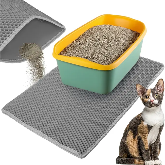 Purlov Grijze kattenbakmat 75 x 55 cm met antislip bodem en open opvangpocket
