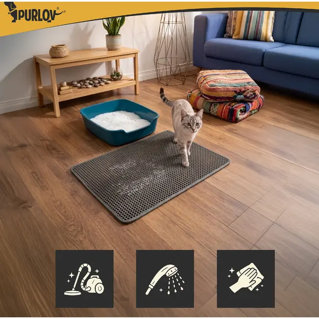 Purlov Grijze kattenbakmat 75 x 55 cm met antislip bodem en open opvangpocket