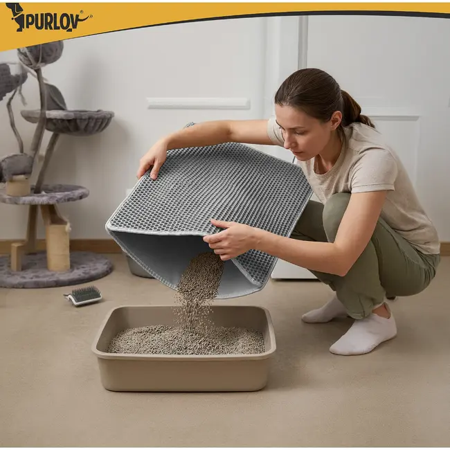 Purlov Grijze kattenbakmat 75 x 55 cm met antislip bodem en open opvangpocket