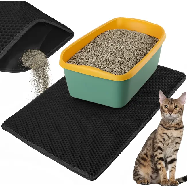 Purlov Kattenbakmat 75 x 55 cm zwart met honingraatstructuur antislip en openklapbare pocket