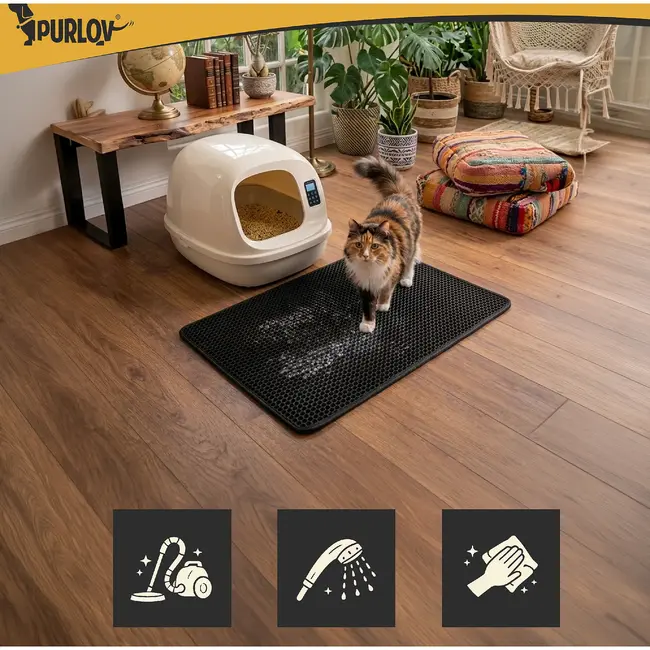 Purlov Kattenbakmat 75 x 55 cm zwart met honingraatstructuur antislip en openklapbare pocket