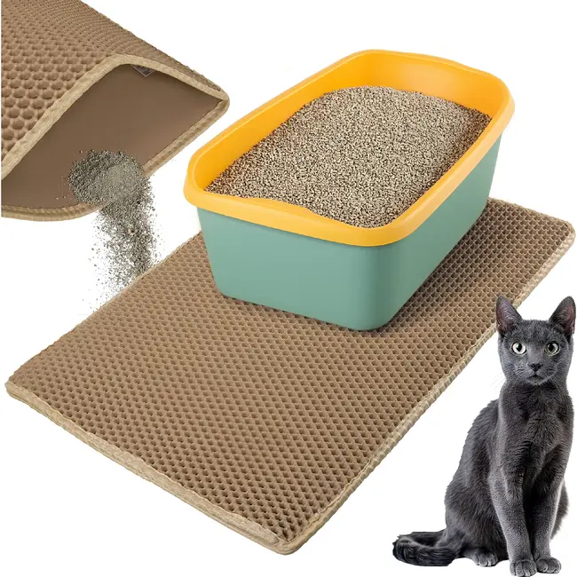 Purlov Kattenbakmat 75 x 55 cm beige van EVA schuim met antislip bodem en opvanglaag voor kattenbak