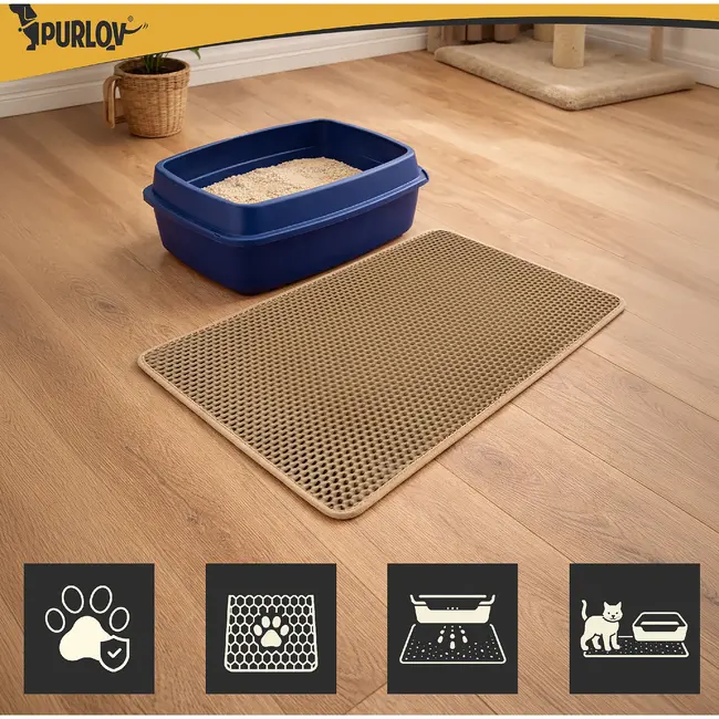 Purlov Kattenbakmat 75 x 55 cm beige van EVA schuim met antislip bodem en opvanglaag voor kattenbak