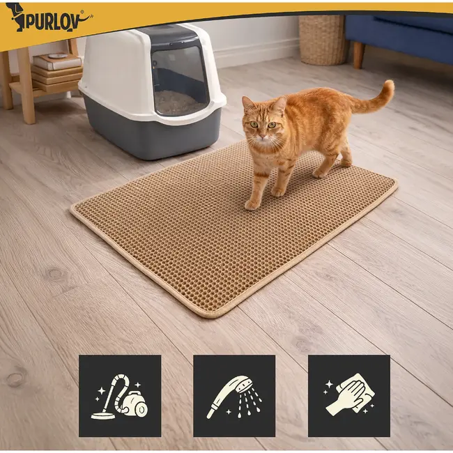 Purlov Kattenbakmat 75 x 55 cm beige van EVA schuim met antislip bodem en opvanglaag voor kattenbak
