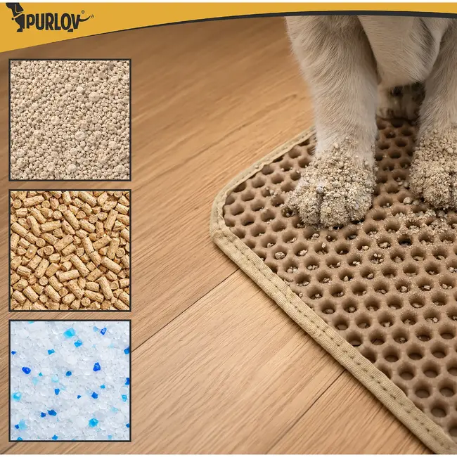 Purlov Kattenbakmat 75 x 55 cm beige van EVA schuim met antislip bodem en opvanglaag voor kattenbak