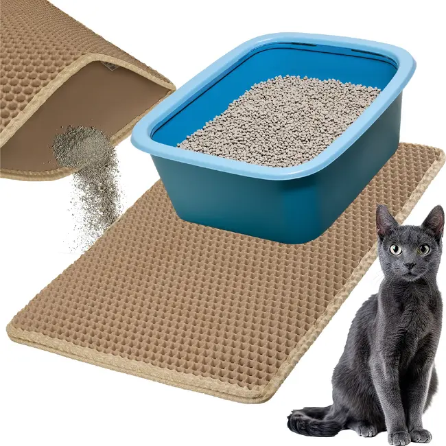 Purlov Kattenbakmat 60 x 45 cm beige met honingraatstructuur, opvangvak en stevige antislip bodem